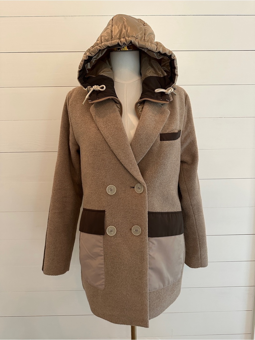 Scotch & Soda Taupe Removable Hood Double-Breasted Trench Coat